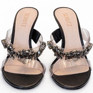 Schutz Laureen Black Crystal Vinyl Mule Heels Size 8-4” Heel – Like New